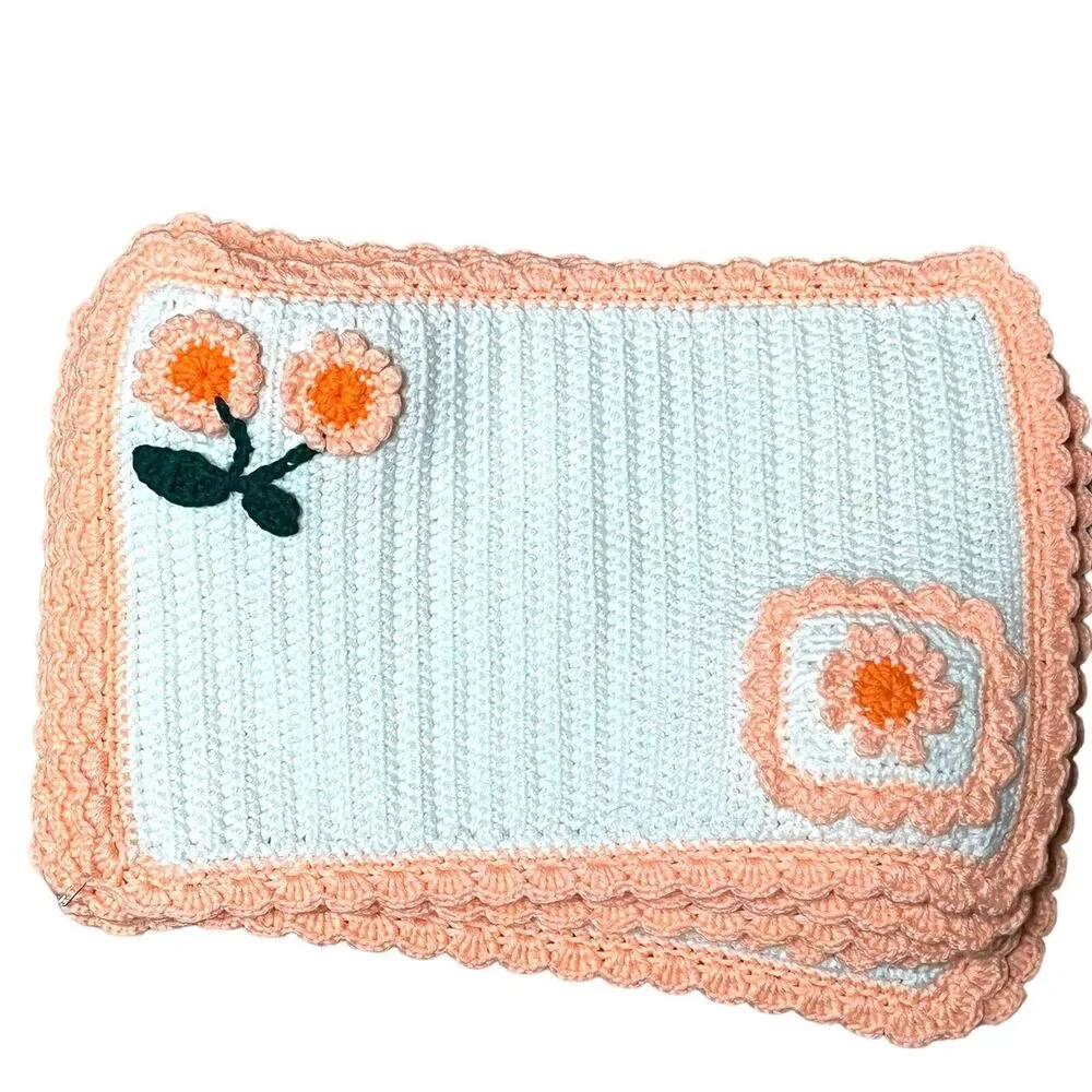Placemats Crochet Set Of 6 Vintage Orange White Retro 18 X 12 Country Kitsch